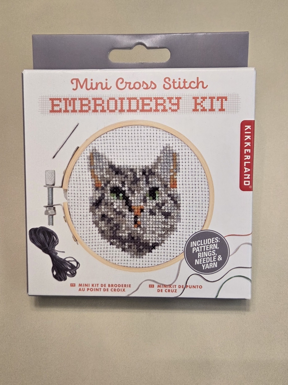 Kikkerland Mini Cross Stitch Kit - Gray Cat with Green Eyes